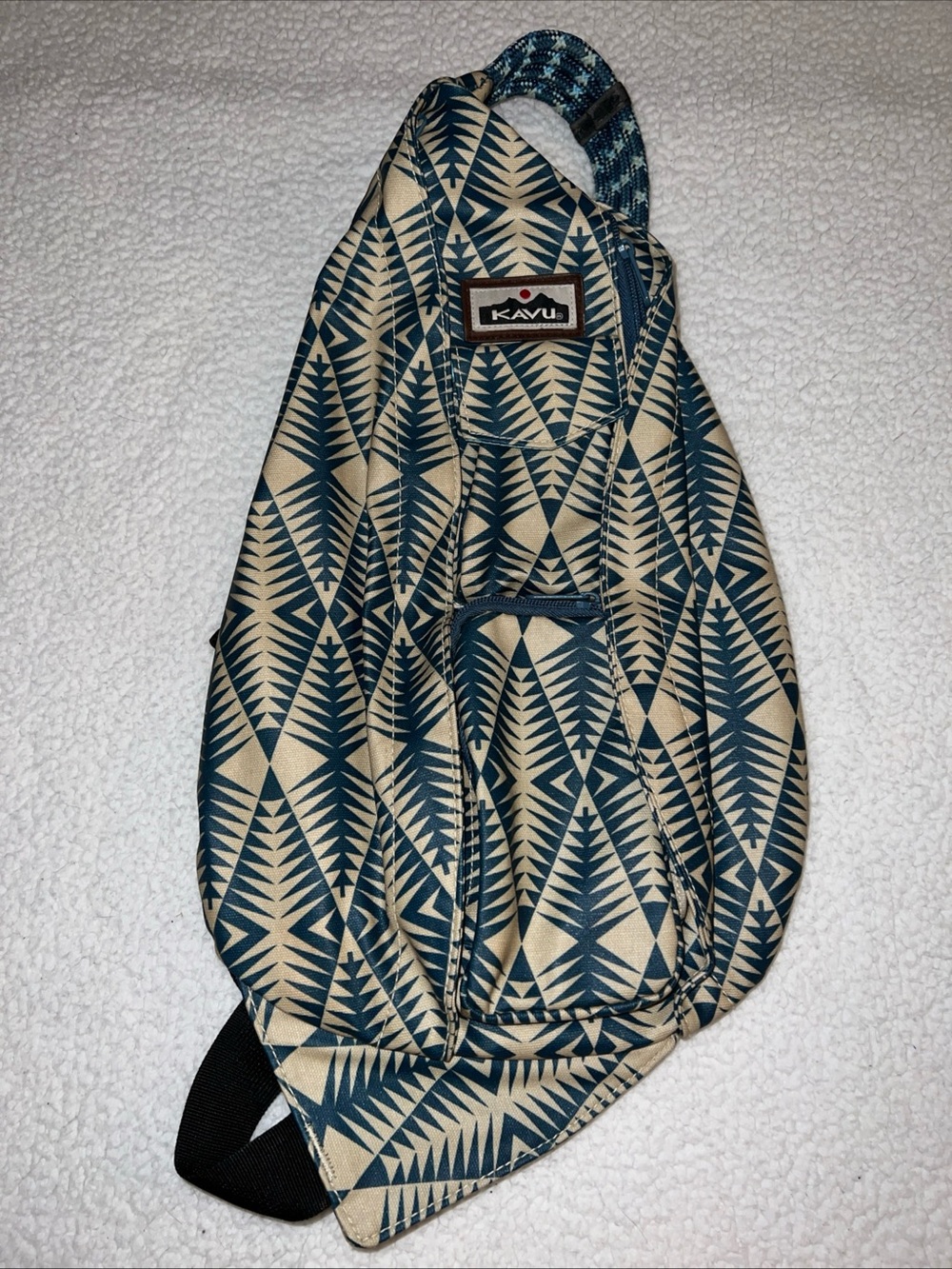 Kavu Black, Blue Tan Geometric 4 String Rope Sling Backpack Camping